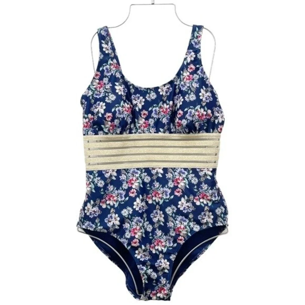 Nicole Miller Navy Floral Shimmer-Band One-Piece Swimsuit Women’s Size Large